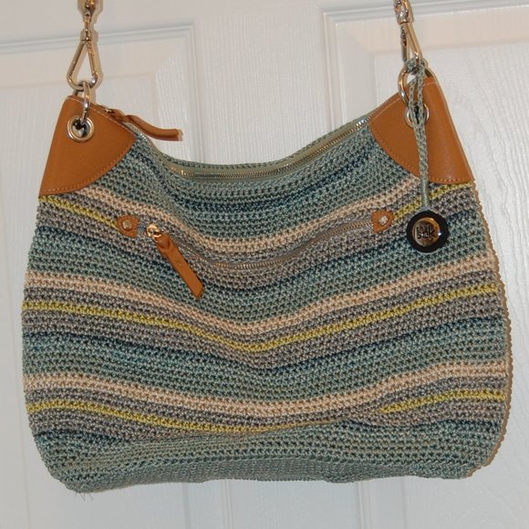 The SAK Shoulder  Blue/Grey Crocheted Weave W/Faux Leather Trim & Zipper Closure - Picture 1 of 16